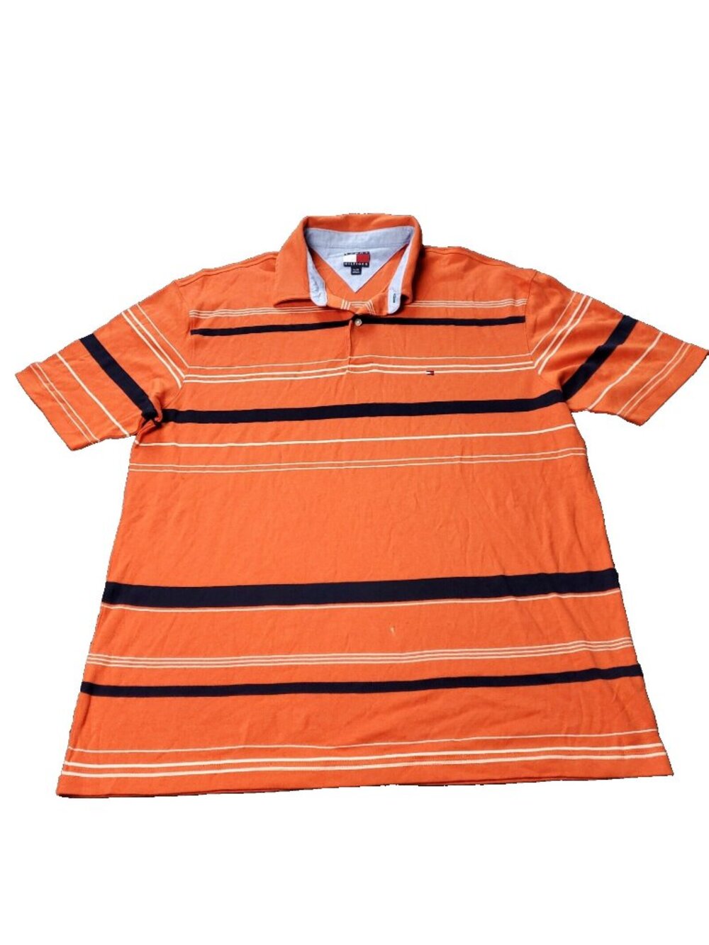 VINTAGE 90s Tommy Hilfiger Shirt Mens XL Short Sleeve Orange Polo Striped Box
